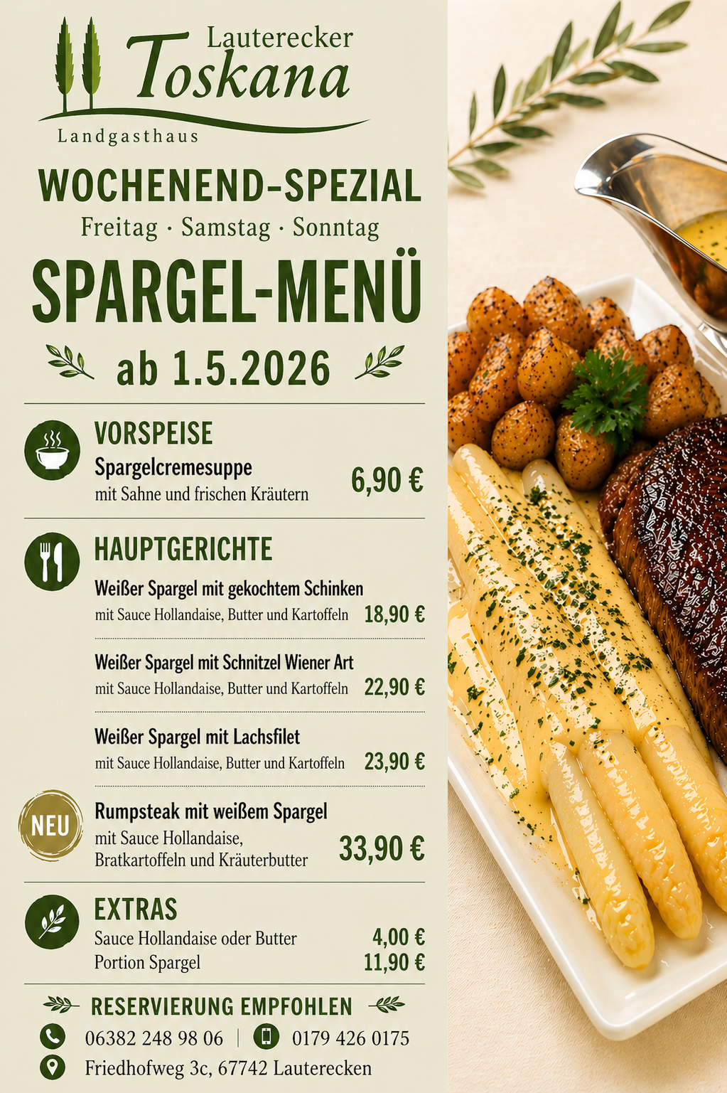 Wochenend-Spezial im Lauterecker Toskana: Spargel-Menü ab 1. Mai 2026